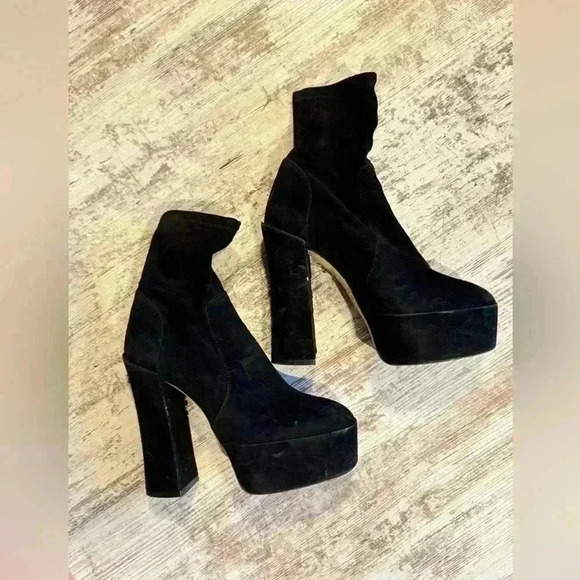 Stuart Weitzman black skyhigh suede platform ankle boot slip on women’s size 7.5 - Picture 2 of 8
